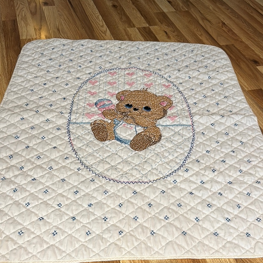 Vintage Cross-stitch embroidered Quilted Baby Blanket with Teddy Bear Design